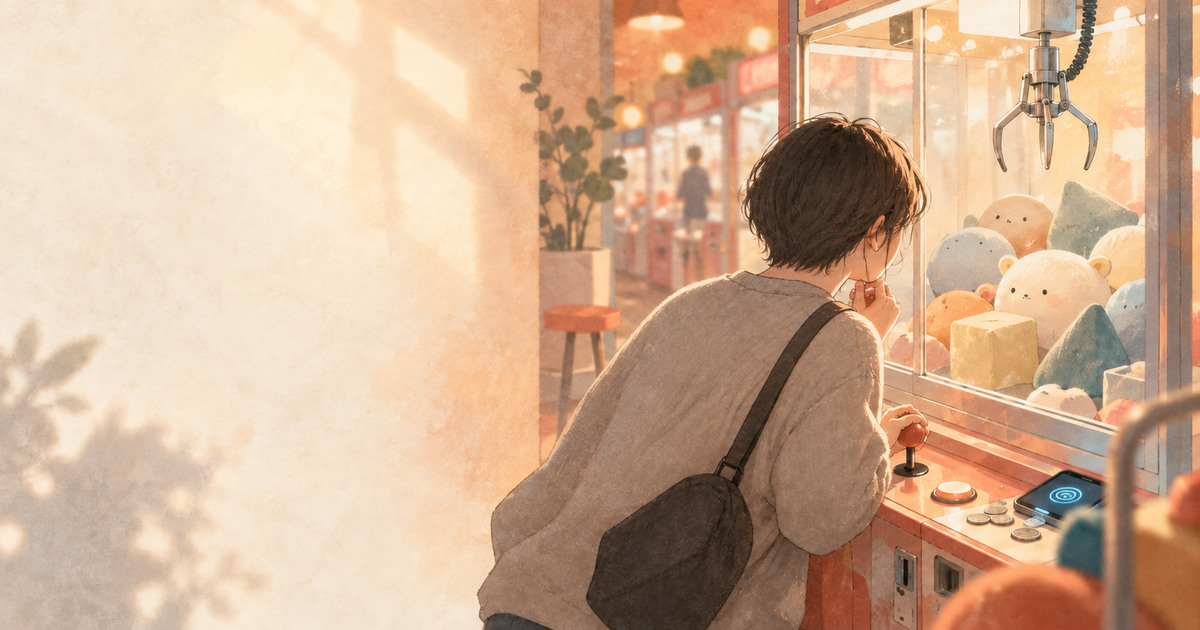 夕方のゲームセンターで、電子決済と硬貨を前にクレーンゲームをもう一度続けようとする人物を描いた記事表紙